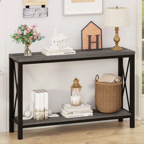 Miniatura 16 de BON AUGURE - Mesa de consola rústica detrás del sofá, mesa industrial de entrada con estantes, mesas de sofá de 3 niveles estilo granja para sala