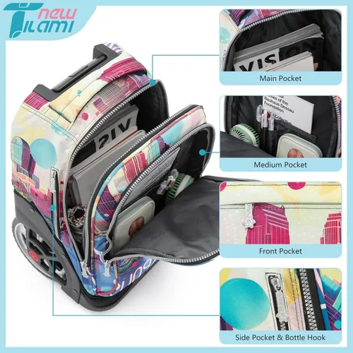 Miniatura 47 de NEW TILAMI Mochila con ruedas de 19 pulgadas con bolsa de almuerzo para niñas y niños, mochila para laptop con ruedas, bolsa de mano duradera