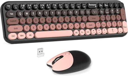 Miniatura 12 de MOWUX - Combo de teclado y mouse inalámbricos, máquina de escribir de tamaño completo, retro, redondo, lindo mouse óptico inalámbrico, Plug and Azul