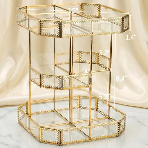 Miniatura 2 de ZOOFOX Organizador de maquillaje de vidrio giratorio de 360 grados, soporte grande de almacenamiento de cosméticos con ribete dorado para tocador