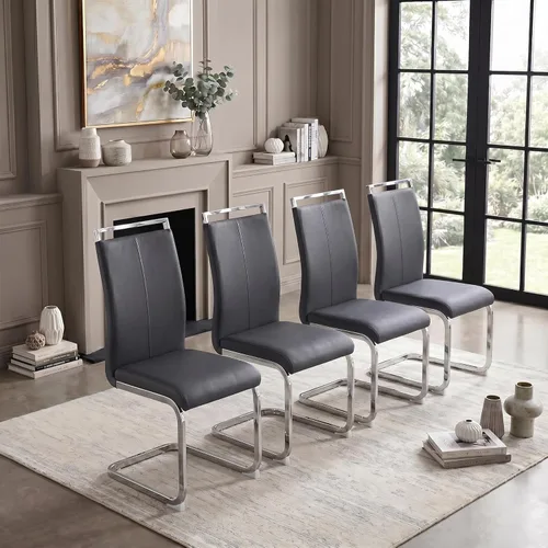 Miniatura 26 de gopop Juego de sillas de comedor, sillas modernas de metal con asiento acolchado de piel sintética, respaldo alto y patas cromadas resistentes, Negro