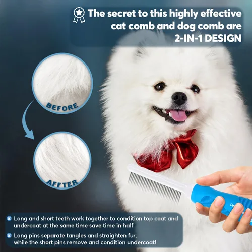 Miniatura 4 de GENPEPADO Peine de aseo para perros y gatos con dientes finos de metal de acero inoxidable largos y cortos para desenredar el cabello enmarañado