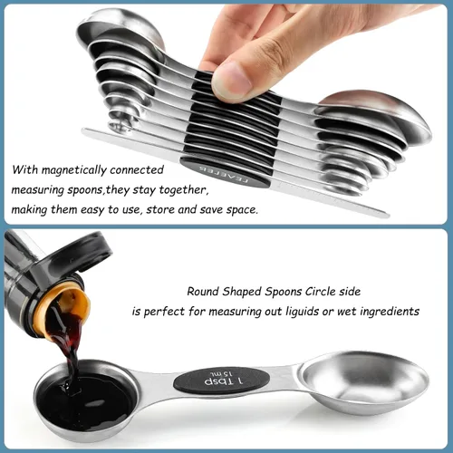 Miniatura 4 de Juego de 9 cucharas medidoras magnéticas de acero inoxidable de doble cara, cucharadita apilable de doble cara, cuchara medidora para medir