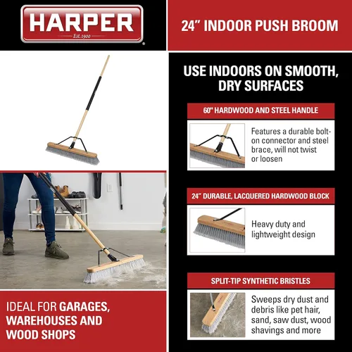 Miniatura 2 de Harper Escoba de empuje de superficie lisa para interiores de 24 pulgadas con cerdas marcadas para arena, polvo de sierra, virutas de madera y pelo
