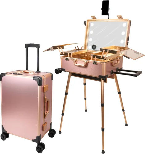 Miniatura 10 de Estuche de maquillaje rodante con espejo de luz LED, patas ajustables, mesa de tren con cerradura, estudio, artista, cosmética, tamaño de mano