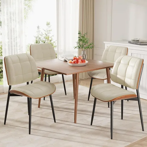 Miniatura 4 de Silla de comedor, moderna de mediados de siglo con cojín grueso, sillas de cocina tapizadas de piel sintética con respaldo de madera curvada de Beige