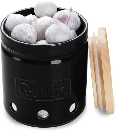 Miniatura 7 de ONTUBE Soporte de ajo con tapa de madera, contenedor de ajo cerámico de 4.5 pulgadas, contenedor de ajo para la cocina, guardador de ajo para Negro