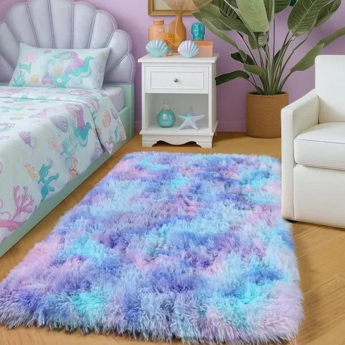 Miniatura 21 de Alfombras moradas para dormitorio de niñas, alfombra de 5 x 8 pies, alfombra peluda esponjosa para sala de estar, alfombras peludas gruesas