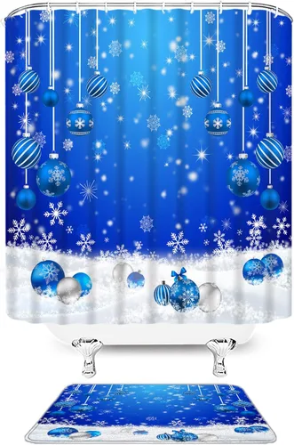 Miniatura 4 de Juego de 4 cortinas de ducha de muñeco de nieve con alfombra, diseño de árbol de pinos de invierno, lindo muñeco de nieve azul, juego de baño