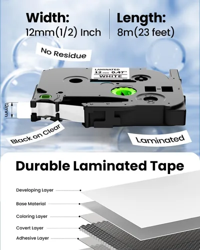 Miniatura 6 de PT-D220 D210 D200 H100 Cinta de etiquetas TZe-231 TZe231 compatible con Brother Label Maker Tape P Touch 0.472 in 0.47 pulgadas laminado blanco TZe