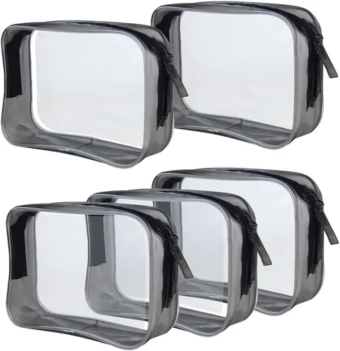 Wobe Paquete de 5 bolsas de cosméticos transparentes aprobadas por la TSA, bolsa de transporte de artículos de tocador con cremallera de PVC, bolsa