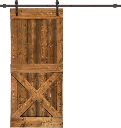 TMS Mini puerta corrediza interior de madera de pino nudosa maciza teñida con kit de herrajes deslizantes (84 x 36 pulgadas, nogal)