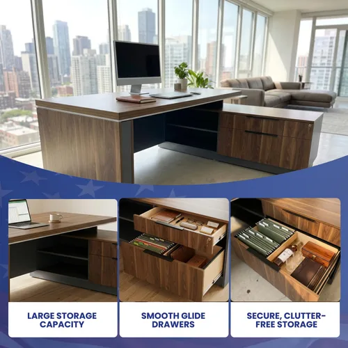 Miniatura 3 de OfficeSimpli - Escritorio ejecutivo en forma de L con cajones, 64 x 63 x 30 pulgadas, fabricado en Estados Unidos, envío mayormente ensamblado