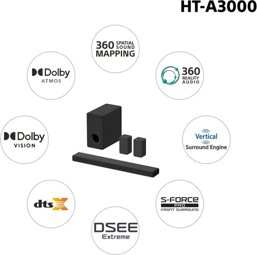 Miniatura 5 de Sony HT-A3000 Barra de sonido de TV Dolby Atmos de 3.1 canales con DTS:X, mapeo de sonido espacial 360, subwoofers duales, Wi-Fi, Bluetooth, Airplay