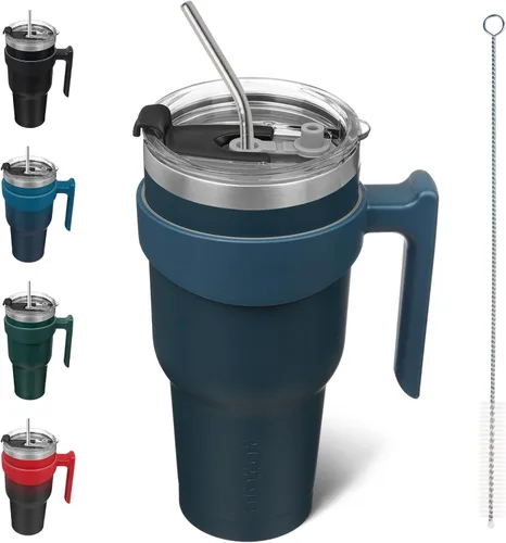 Miniatura 39 de BJPKPK Vaso con asa de acero inoxidable de 20 onzas, con aislamiento de doble pared, con tapa y pajita, color rosa claro A-rosa claro