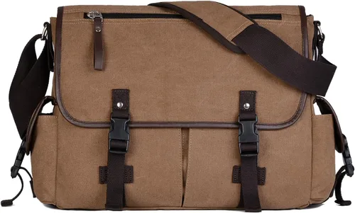 Miniatura 9 de Bolsa de mensajero vintage de lona para laptop de 15.6 pulgadas para hombres y mujeres, bolsa de hombro para computadora universitaria, maletines