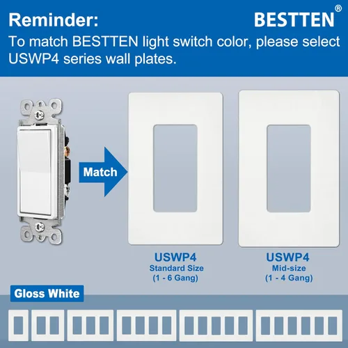 Miniatura 9 de BESTTEN Paquete de 10 interruptores de luz decorativa de 3 vías, 15 A, 120/277 V, un solo polo o tres vías, interruptor de pared de paleta