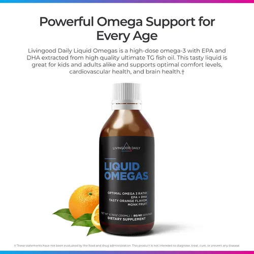 Miniatura 2 de Livingood Daily Aceite de pescado líquido Omega 3, suplemento EPA y DHA con sabor a fruta de monje y naranja, apoya la salud del corazón