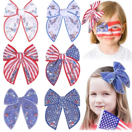 Miniatura 10 de 6 piezas de lazos de tul para el pelo de niñas, lazos para bebés de CN con estrella brillante y pinza de cocodrilo, pasadores de pelo coloridos