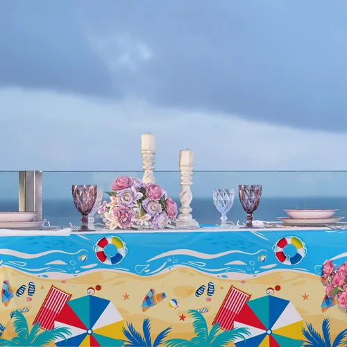 Miniatura 7 de Gatherfun Suministros para fiestas temáticas de playa, mantel desechable de plástico impermeable para fiestas hawaianas, decoraciones de cumpleaños