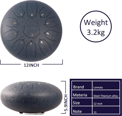 Miniatura 3 de Tambor de lengua de acero de 12 pulgadas, 11 notas para adultos, instrumento etéreo de metal para meditación y yoga con libro de música, mazos