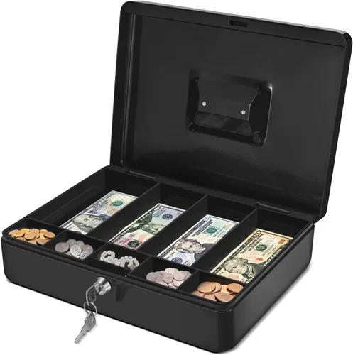 Caja de Dinero Flexzion con Bandeja de Dinero y Cerradura - Caja de Dinero de Metal para Pequeñas Empresas, Caja de Dinero Negra de 9 Compartimentos