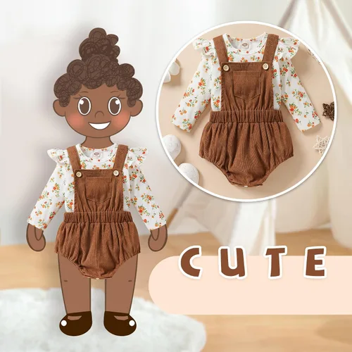Miniatura 3 de Tiny Cutey Ropa de bebé recién nacida, mameluco de manga acampanada y overoles de pana, pantalones cortos, trajes de otoño para niña