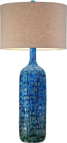 Miniatura 7 de Possini Euro Design Lámpara de mesa de estilo moderno de mediados de siglo, azulejos de cerámica, color verde azulado alto, tela de lino tostado