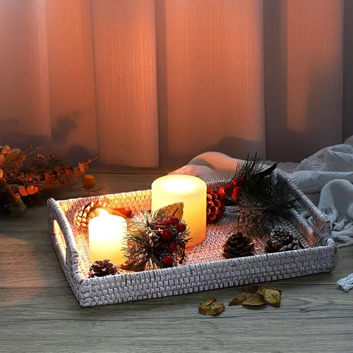 Miniatura 9 de Hipiwe Bandeja de ratán para servir con asas de madera, bandeja decorativa tejida a mano para mesa de café, cesta rectangular, bandejas otomanas