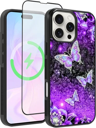 Miniatura 8 de OOK Funda Magnética para iPhone 15 Plus Diseño de Nebulosa Espacial de Flores Morado Profundo [Compatible con MagSafe] PC Duro + TPU Suave