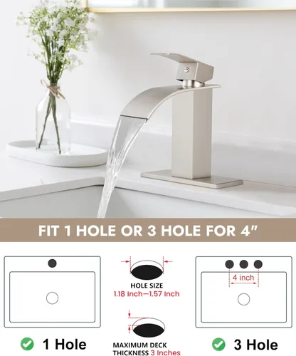 Miniatura 4 de Midanya - Grifo de baño con boquilla tipo cascada, de un agujero o tres agujeros para montaje en cubierta, grifo de lavabo de acero inoxidable 304