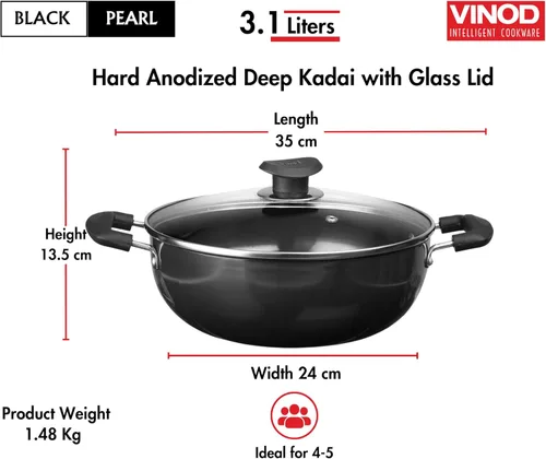 Miniatura 7 de Vinod Black Pearl - Kadhai profundo anodizado duro con tapa de vidrio – Negro – 3.1 litros (3.2 cuartos de galón) – 9.4 in – Asas remachadas – Olla