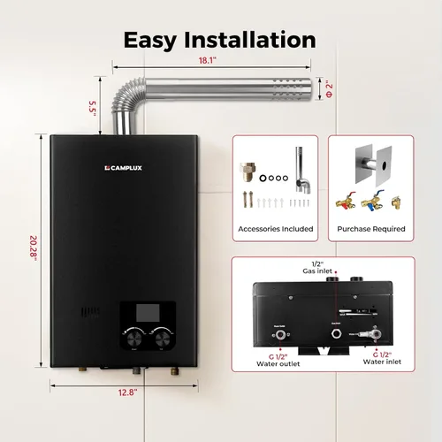 Miniatura 6 de CAMPLUX - Calentador de agua sin tanque de gas para interiores, 2.64 GPM, calentador de agua sin tanque de propano CM264, 68,000 BTU, agua caliente