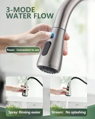 Miniatura 3 de VFAUOSIT - Grifo de cocina con rociador extraíble, grifo de fregadero de cocina sin plomo, níquel cepillado, acero inoxidable, arco alto, extracción