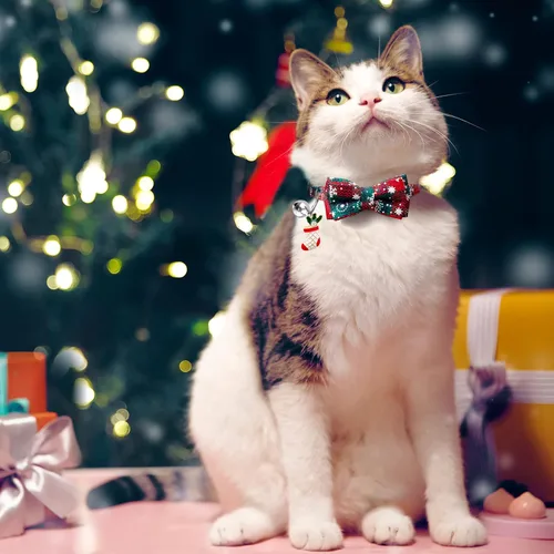 Miniatura 2 de LLHK Paquete de 4 collares de Navidad para gatos con pajarita y campana, collar de gatito para niñas y niños, ajustable de 7 a 12 pulgadas