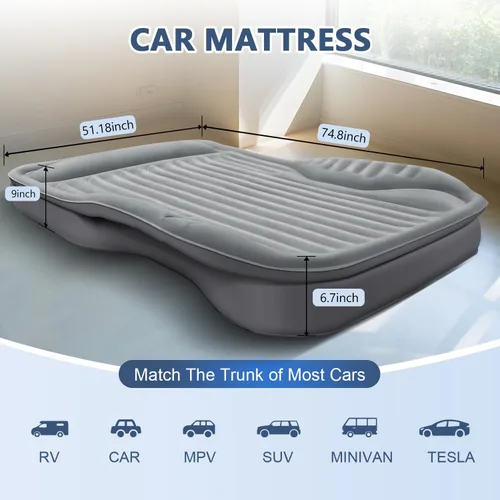 Miniatura 8 de Colchón de aire autoinflable para SUV con bomba eléctrica integrada, colchón de aire para automóvil con almohada para maletero, colchón portátil Gris