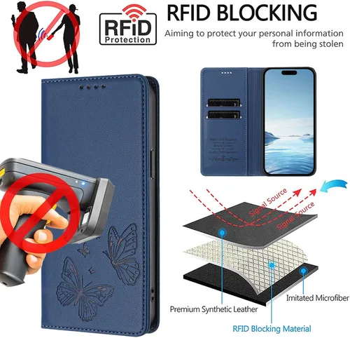 Miniatura 9 de Butterfly Embossed Leather Wallet Flip Case for Motorola Moto E22i 4G, Magnetic Closure, RFID Blocking Cover, Card Holder Blue.
