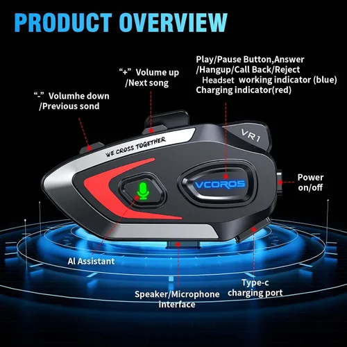 Miniatura 7 de VCOROS VR1 Auriculares para Casco de Motocicleta, Altavoces de Casco de Larga Duración de Batería con Respuesta Automática/Doble Cancelación
