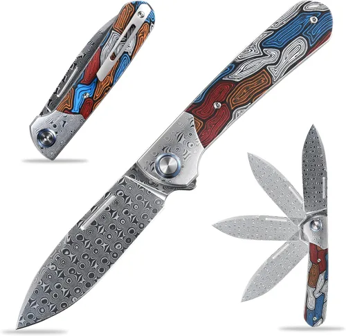 Sitivien ST256 Cuchillo plegable de acero Damasco, hoja de damasco con mango colorido G10 EDC cuchillo para acampar al aire libre, senderismo, pesca