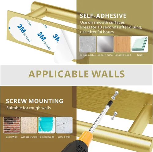 Miniatura 6 de Toallero de papel para debajo del gabinete, para cocina, soporte de pared, autoadhesivo o perforación, acero inoxidable 304 (dorado)