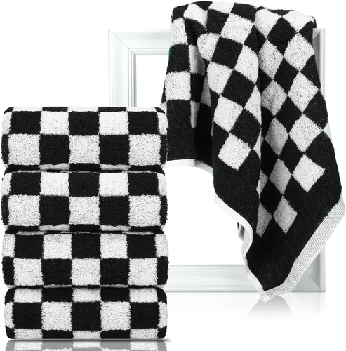 Frienda Juego de 4 toallas de mano a cuadros para baño, cocina, toallas de baño suaves retro de tablero de ajedrez altamente absorbentes para baño,