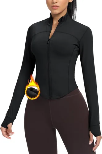 Miniatura 39 de AVGO Chaquetas de entrenamiento recortadas para mujer, con cremallera, ajustadas, atléticas, con agujeros para el pulgar