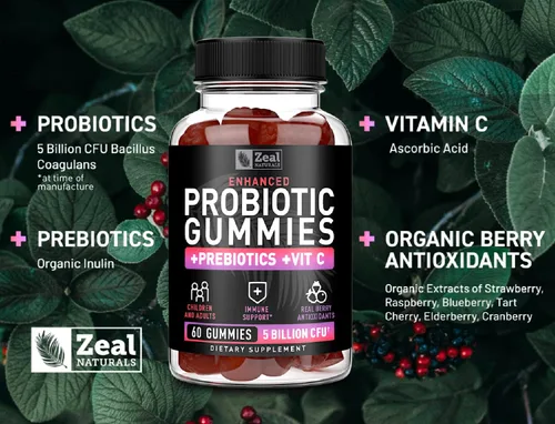 Miniatura 2 de Gomitas probióticas para adultos y niños (60 unidades 5 mil millones de UFC) con antioxidantes de bayas orgánicas y vitamina C para apoyo