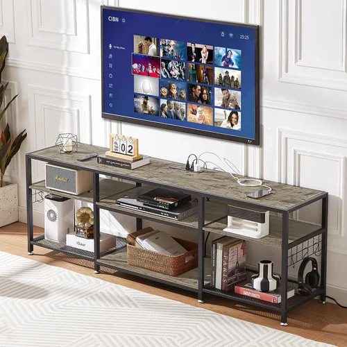 Miniatura 7 de VECELO Soporte de TV de 63 pulgadas con tomas de corriente para televisión de 55/60/65/70 pulgadas, centro de entretenimiento con estantes