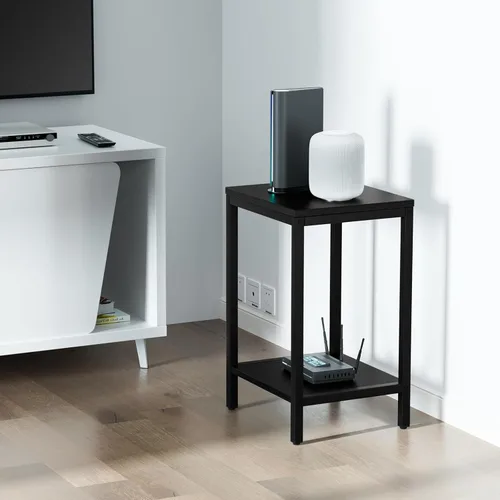 Miniatura 5 de SAYGOER Mesas auxiliares negras de 13.3 pulgadas de profundidad, mesita de noche de madera, marcos de metal, mesa de noche de 2 niveles con patas