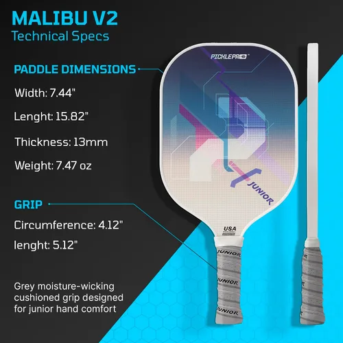 Miniatura 10 de PicklePro Junior - Paleta de pickleball juvenil con cubierta, pala ligera de fibra de vidrio para principiantes y jugadores jóvenes, agarre Malibu V2