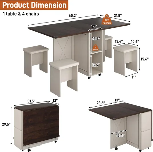 Miniatura 3 de Juego de mesa de comedor de granja de 5 piezas para 4, mesa plegable grande de 117 cm con 4 sillas de cuero, mesa de cocina plegable con ala