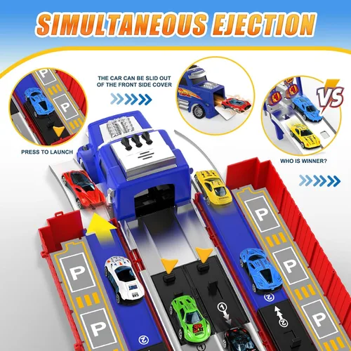 Miniatura 2 de SpringFlower - Juguetes de pista de carreras con camión portaequipajes, juguetes para niños de 3, 4, 5, 6 años con luces y sonidos, pista