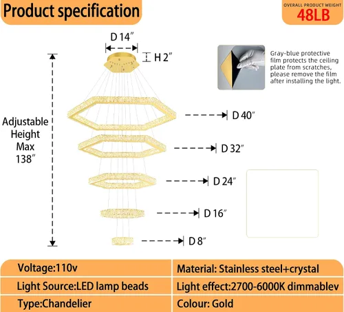 Miniatura 2 de Lámpara de araña moderna de 5 anillos de oro larga de cristal para techo alto, forma de altura ajustable, regulable 8 pulgadas + 16 pulgadas + 24