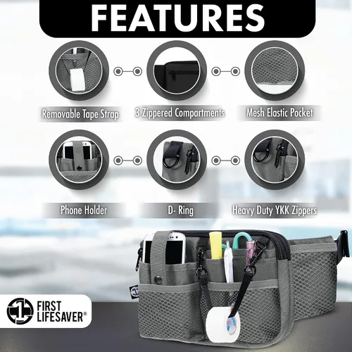 Miniatura 2 de First Lifesaver Riñonera para enfermera con múltiples compartimentos y soporte para cinta, Gris, L, Riñonera manos libres con múltiples